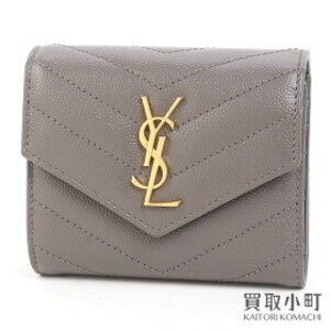 YSL Monogram Multifold Wallet Poudre Leather Quilting Gray tri V stitch